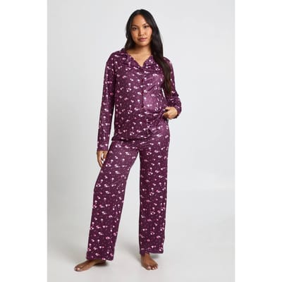 boohoo Dames Zwangerschaps Pyjama Set Met Hartjesprint Shirt Met Lange Mouwen & Broek | Burgundy | Maat: 8