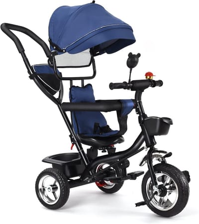 Driewieler met Duwstang - Kinderdriewieler - Buiten Spelen - Inklapbaar Dak - 75 x 46 x 106 cm - Blauw