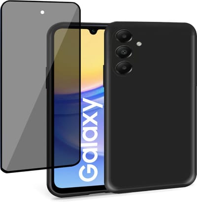Geschikt voor Samsung Galaxy A05s - Hoesje + Privacy Screenprotector – Privé Gehard Glas Cover - Suède Case Zwart