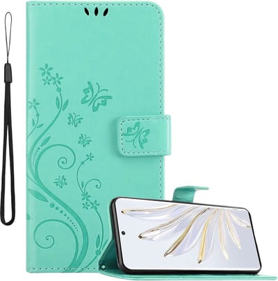 Cadorabo Hoesje geschikt voor Honor 70 in BLOEMEN TURKOOIS - Beschermhoes in bloemmotief met magnetische sluiting, standfunctie en kaartsleuven Book Case Cover Etui