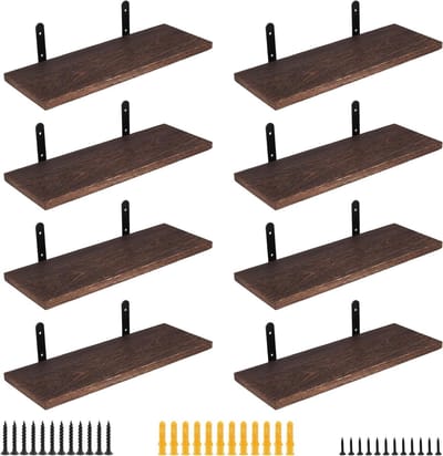 8 Stuks Wandplanken, 16 Inch Donkere Houten Floating Shelves met Schroeven voor Slaapkamer, Woonkamer en Keuken, 40 x 15 x 1.5cm, Decoratie en Opbergruimte