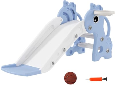 ITRONIQ Glijbaan Kinderen 3-in-1 - Kinderglijbaan Met Basketbalring en Bal - Peuter Glijbaan Voor Binnen - Blauw