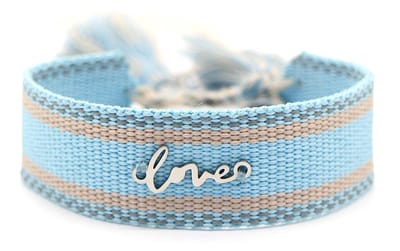Stoffen Armband Dames - RVS Bedel Love - Lengte Verstelbaar - Blauw en Zilverkleurig