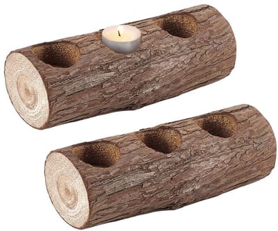 Dailygoods- Theelichthouder Houten - Set van 2 - 3 Gaten - Rechthoekige Basis - 35 mm Binnendiameter - 65,5 mm Breedte - 177 mm Lengte - Kandelaar