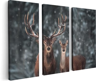 Artaza Canvas Schilderij Drieluik Twee Herten Met Sneeuw - 120x80 - Foto Op Canvas - Canvas Print