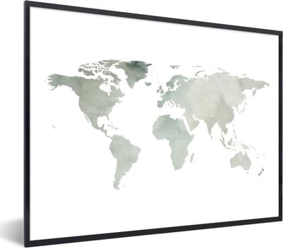 Poster in lijst - Fotolijst 80x60 cm - Posters - Wereldkaart - Groen - Wit - Posterlijst zwart - Decoratie - Wanddecoratie woonkamer - Muurdecoratie slaapkamer