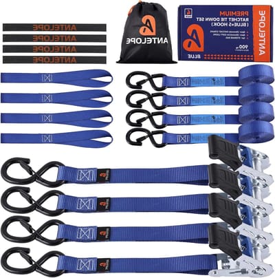 Spanbanden Set - Sjorbanden met Ratel - Vervoer Vastzetten - Robuuste S-Haken - 4 Stuks 4 Meter - Blauw