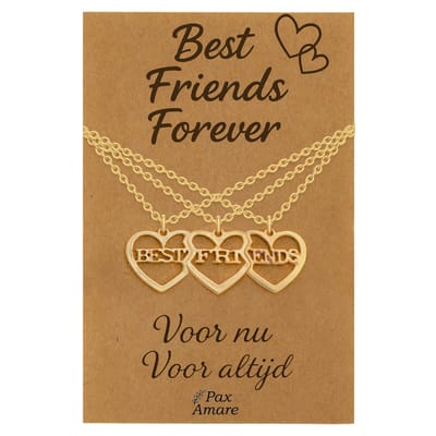 BFF Ketting voor 3 'Best Friends Forever' - 3 hartjes - Best Friends - Vriendschapsketting op Cadeau Kaartje - 45cm + 5cm verstelbaar - Goudkleurig - Best Friends Hanger - Pax Amare