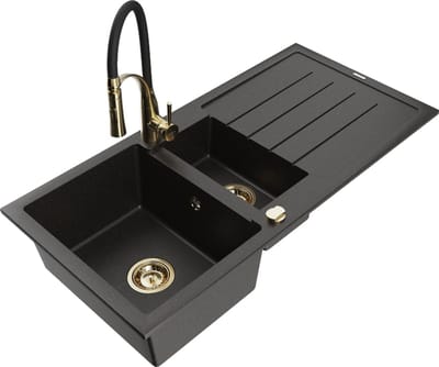 Mexen Andres granieten gootsteen 1,5-komorige met afdruiprek en keukenmengkraan Aster, zwart/goud metallic - 6515-75-73450-57-G