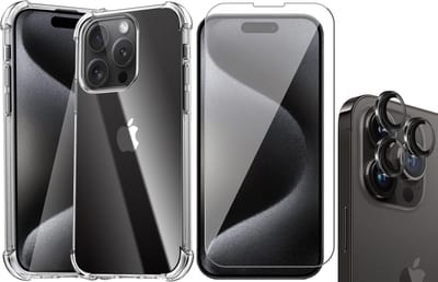 Hoesje geschikt voor iPhone 15 Pro - Screenprotector GlassGuard & Camera Lens Screen Protector Zwart - Back Cover Case ShockGuard Transparant