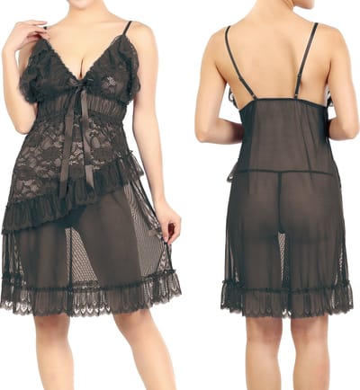 Babydoll sexy bijpassende string polyester one size zwart
