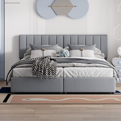 HAUSS SPOLE Gestoffeerd Bed 180x200 cm - Tweepersoonsbed Met Hydraulische Opbergruimte - Linnen - Grijs