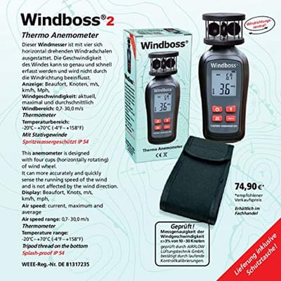 Windmeter met thermometer voor surfen, zeilen en kiten