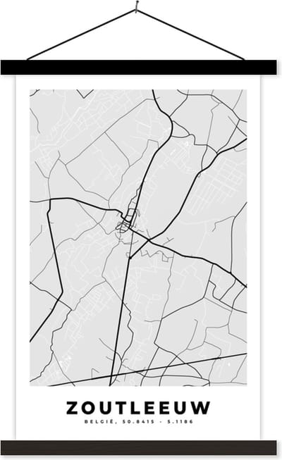 Posterhanger incl. Poster 40x60 cm - Schoolplaat - Stadskaart – Plattegrond – België – Zwart Wit – Zoutleeuw – Kaart - Textielposter - Zwarte latten - Stadskaart