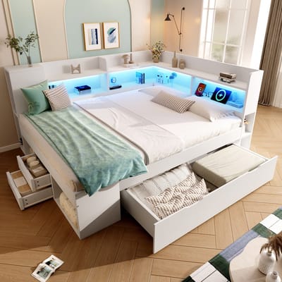 MODFU Bedframe 140x200 cm van MDF/hout, wit, met opbergruimte en LED