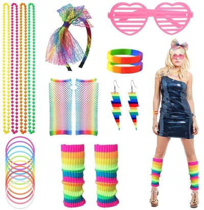 Kostuumaccessoires 21-delig - Jaren 80 Outfit - Neon Accessoires - Nethandschoenen/Hoofdband - Beenwarmers/Ketting - Schitterend Design - Feestaccessoires