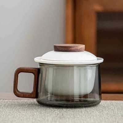 Glazen Theekop met Keramisch Deksel en Zeef, 200 ml, Walnoot, Ideaal voor Losse Thee, Borosilicaatglas, Duurzaam en Stijlvol