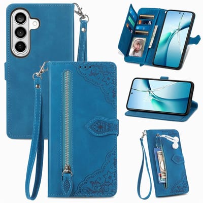 Telefoonhoesje geschikt voor Samsung Galaxy S26 - Portemonnee met rits - book-case hoesje - ruimte voor 7 pasjes - mandala bloemen blauw