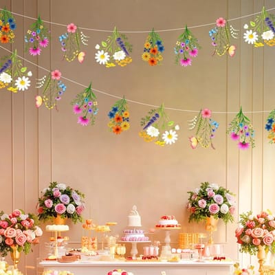 SnelShoppen - Pack van 2 Bloemenkransen, Kleurrijke Wildflower Banner, Lente Vlag met Wildflowers, Dubbelzijdige PVC Banner voor Verjaardag, Bruiloft,