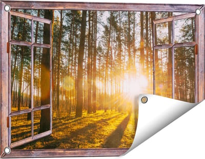 Gards Tuinposter Doorkijk Zonsopkomst in het Bos tussen de Bomen - 60x40 cm - Tuindoek - Tuindecoratie - Wanddecoratie buiten - Tuinschilderij