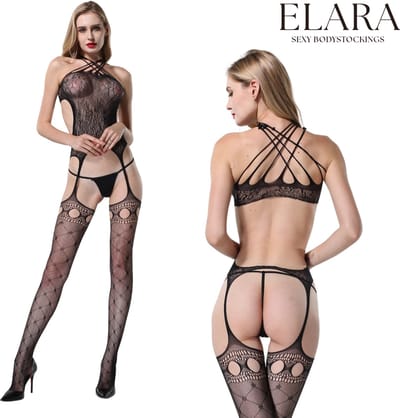 Elara - Livia - Bodystocking Erotische Lingerie met Open Kruis - Catsuit - S t/m XL - Sexy Dames Lingerie