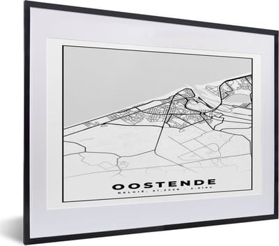 Fotolijst incl. Poster Zwart Wit- Stadskaart – Plattegrond – België – Zwart Wit – Oostende – Kaart - 40x30 cm - Posterlijst
