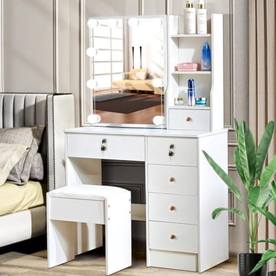Make-uptafel met verlichting en spiegel - Witte Kaptafel met Kruk en 6 Laden - 80 x 130 x 36 cm