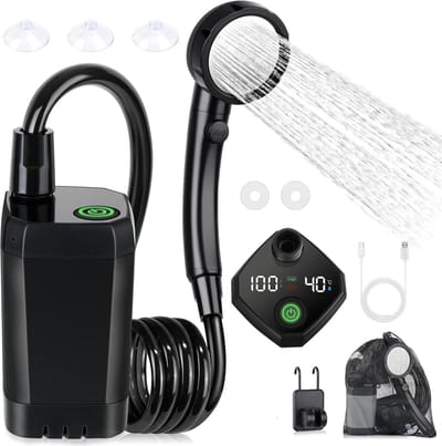 Draagbare campingdouche - 6000mAh - Oplaadbare campingdouche - Voorzien van slim LED-display - 4 sproeistanden - IPX7 waterdicht - Geschikt voor wandelen, in de auto, voor huisdieren en andere kampeeractiviteiten in de buitenlucht - Zwart