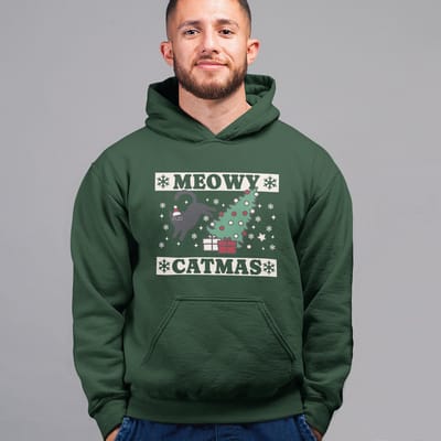 Foute Kerst Hoodie - Kleur Groen - Meowy Catmas - Maat XS - Uniseks Pasvorm - Kerstkleding voor Dames & Heren