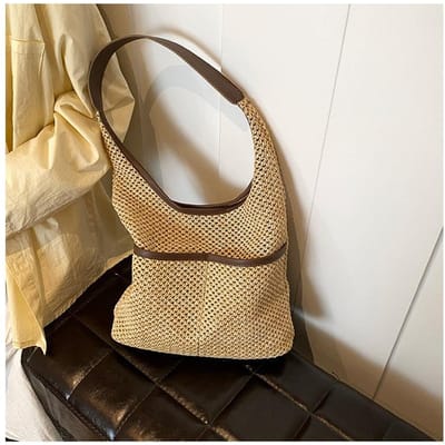 Geweven Tas, Fris en Licht Enkelbandige Onderarm Tote Emmer Tas, Klassieke Stro Geweven Tas, Dames Strandtas bruin