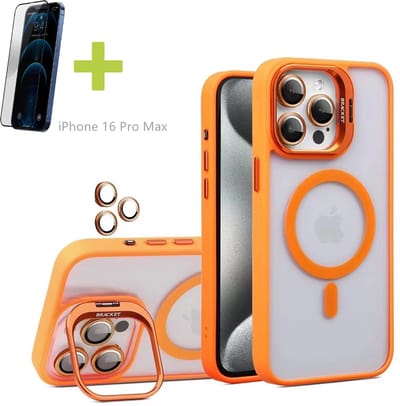 Standaards Hoesje voor iPhone 16 Pro Max, Compatibel met MagSafe Hoes, Acryl + TPU Case met Metaal Camerafolie, Transparant, Oranje - Screenprotector