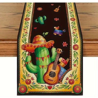 Mexicaanse Cactus Gitaar Sombrero Dag van de Doden Linnen Tafelkleed Mexico Día De Los Muertos Tafelkleden Keukentafel Decoratie 150x33cm