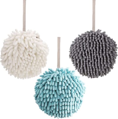 Set van 3 Absorberende Chenille Handdoekballen, Sneldrogende Microvezel Handdoeken met Koord in Grijs, Blauw en Wit