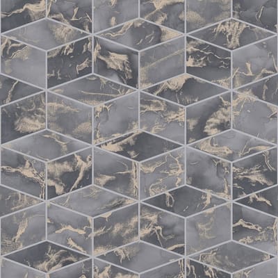 Grafisch behang Profhome 378633-GU vliesbehang glad met grafisch patroon glinsterend grijs goud zwart 5,33 m2