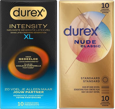 Durex - 20 stuks Condooms - Intensity XL Nieuwste generatie ultradun, gedeelde lichaamswarmte 10st - Nude Huid op Huid gevoel 10st - Voordeelverpakking