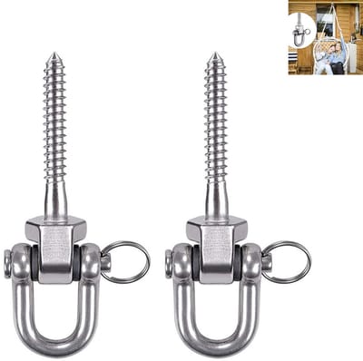 2-stuks Schommelhaak schroef - Hangmat bevestigingshaak - Buiten montage accessoire - Yoga ophangonderdeel - Draaibare D-haak, zware belasting geschikt - Roestvrij staal - Geschikt voor schommels, hangmatten, zakken en yoga riemen - Zilverkleurig
