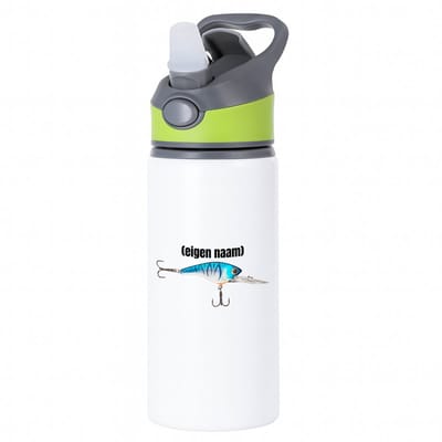Hacebo® - visser haak met aas met eigen naam waterfles met rietje groen - Vissen - liefhebber van vissen - iemand die houdt van vissen - verjaardag - cadeau - kado - geschenk - water fles - 650ML