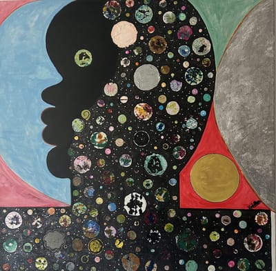 A Universe Within - Handgeschilderd Schilderij - door Artiest Karla Ochoa - Acrylverf - Goud - Grijs - Zwart - Modern - Mens & Universum - Geschilderd op Canvas - één exemplaar - schilderijen woonkamer - schilderijen op canvas