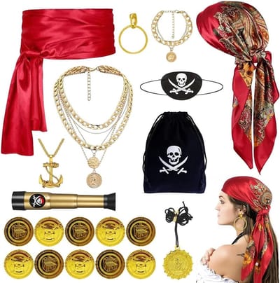 Vrouwelijk Piratenkostuum met Hoofddoek, Ooglap, Tailleketting en Haaraccessoires voor Feestjes