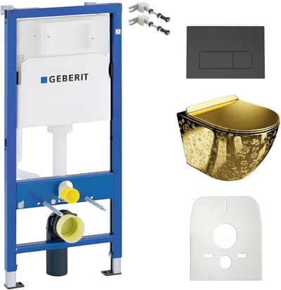 GEBERIT DUOFIX BASIC Inbouwreservoir - LAVITA SOFI SLIM GOLDEN EYE Goud Wandcloset - Zwarte Drukplaat - Toilet Set