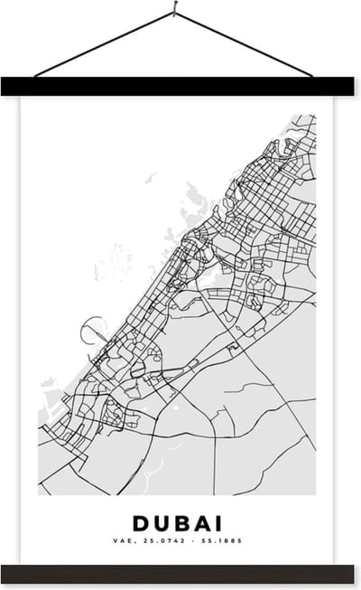 Posterhanger incl. Poster 40x60 cm - Schoolplaat - Dubai - Stadskaart - Plattegrond - Zwart Wit - Kaart - Textielposter - Zwarte latten - Stadskaart