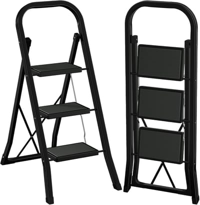 Famanu - Trapladder met 3 treden, vouwtrap met brede antislip pedalen en klapbeveiliging, zwart