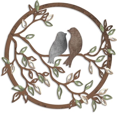 Wanddecoratie – Metalen wandkunst – Vogelsilhouetten op een tak – Hangdecoratie voor binnen en buiten – Geschikt voor woonkamers, tuinen, slaapkamers en kantoren – Decoratie voor een housewarming – Donkere afwerking