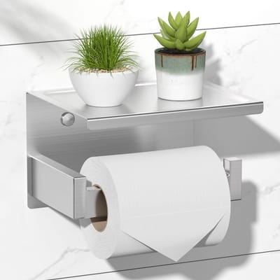 Zelfklevende Toiletpapierhouder met Plank in Geborsteld Nikkel, Makkelijk te Installeren zonder Boren, Ideaal voor Badkamer en Toilet