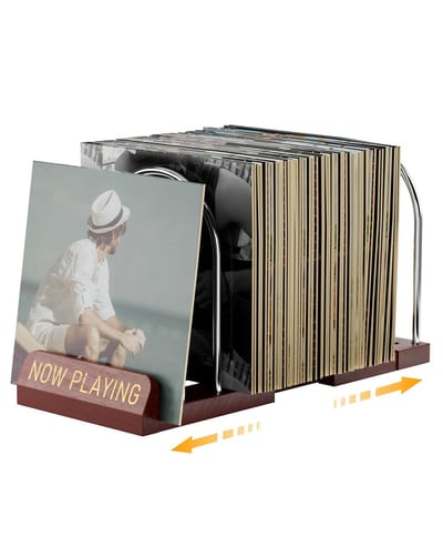 Dailygoods- Vinyl Rek Uitschuifbaar - LP Houder Voor 30-70 Platen - Houten & Metalen Ontwerp - Antislip - Nu Afspeelende Vinyls - Verstelbaar Platenrek