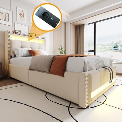 SINGULARITY-Gestoffeerd kinderbed 90x200cm met LED-verlichting en USB-aansluiting- met hydraulische opbergruimte- eenpersoonsbed- linnen stof beige- zonder matras