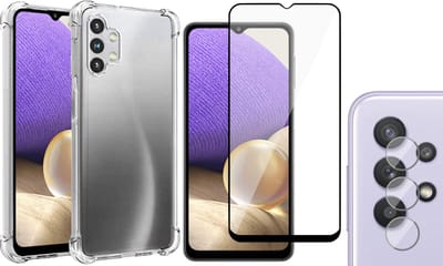 Hoesje geschikt voor Samsung Galaxy A32 5G - Screenprotector FullGuard & Camera Lens Screen Protector - Back Cover Case ShockGuard Transparant