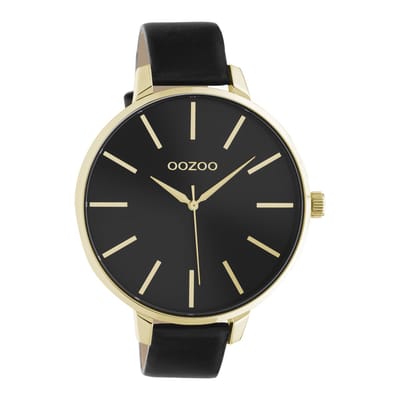 OOZOO Timepieces - goudkleurige horloge met zwarte leren band - C10844 - Ø48