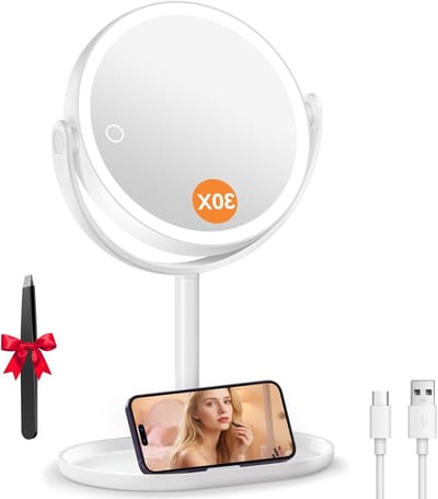 30X Vergrotende Make-up Spiegel met Licht, Oplaadbare 9" Spiegel met Tweezers, Dimbare Verlichting, 360° Vrijstaand Ontwerp en Telefoonhouder voor Perfecte Make-up in de Slaapkamer