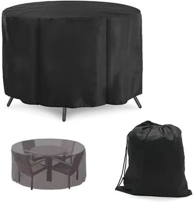 Ronde tuinmeubelhoes - Beschermhoes voor ronde tafel en stoelen (bescherming tegen zon, stof en regen) – UV-bestendige tuinhoes – Zwarte 210D Oxford-stof – Met zilvercoating – Inclusief opbergtas en trekkoord – 230 x 110 cm